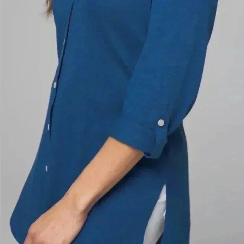 Soma Size M Blue 3/4” Sleeve Slub Collar Button Down Modal Blouse Tee Top
